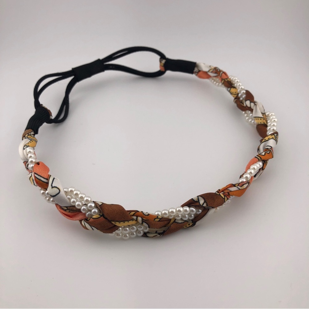Faux Pearl and Fabric Braided Headband, New, Handmade - Brown